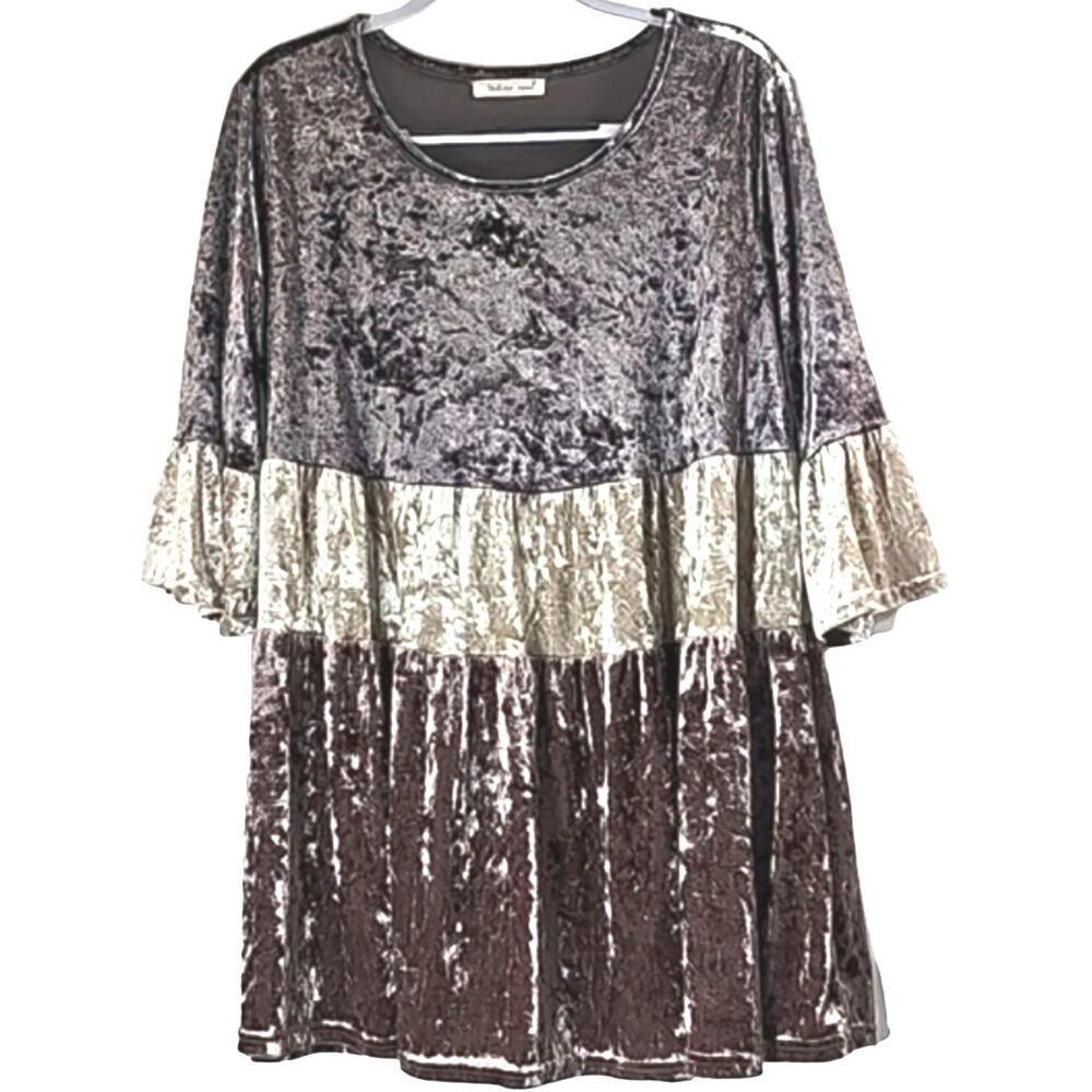 Womens Sz M Brown Ruffle Sleeve Tiered Ruffle Velvet Festival BOHO Tunic Top